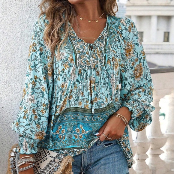 Rouge! Tops - Blue Floral Printed Boho Long Sleeve Blouse Loose Fit Neck Ties